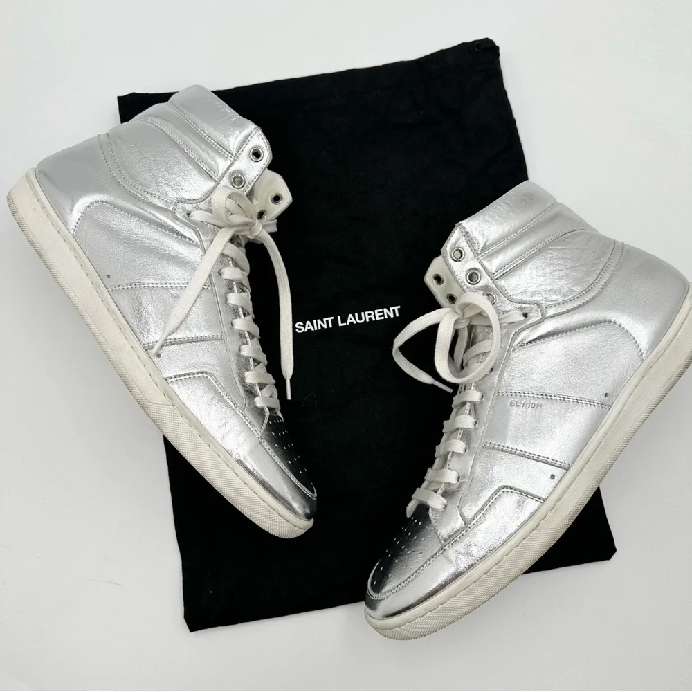Saint Laurent Men's Metallic Silver Leather Hi-top Sneaker 418026 - Picture 2 of 11